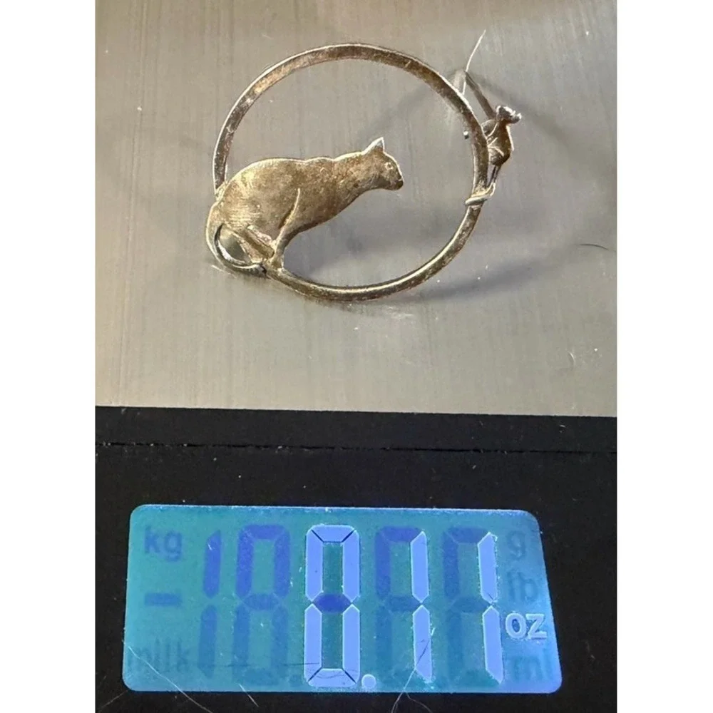 Vtg‎ 925 Sterling Silver Cat Mouse Circle Brooch Pin 6 Gms